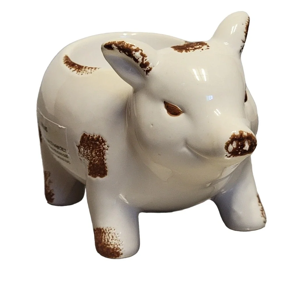 Ceramic Pig LED Tealight Votive Candle Holder White Brown Distressed Farmhouse